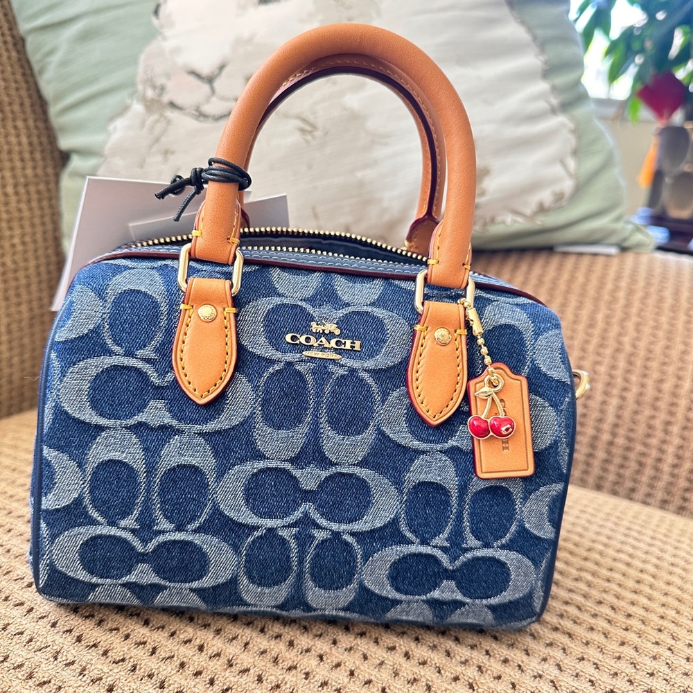 NWT Coach Mini Rowan Crossbody Bag In Signature Denim With Cherry Charm …